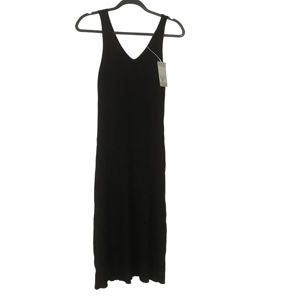 Halara NWT Black Ribbed V Neck Midi Bodycon Fitted Dress Back Slit Medium